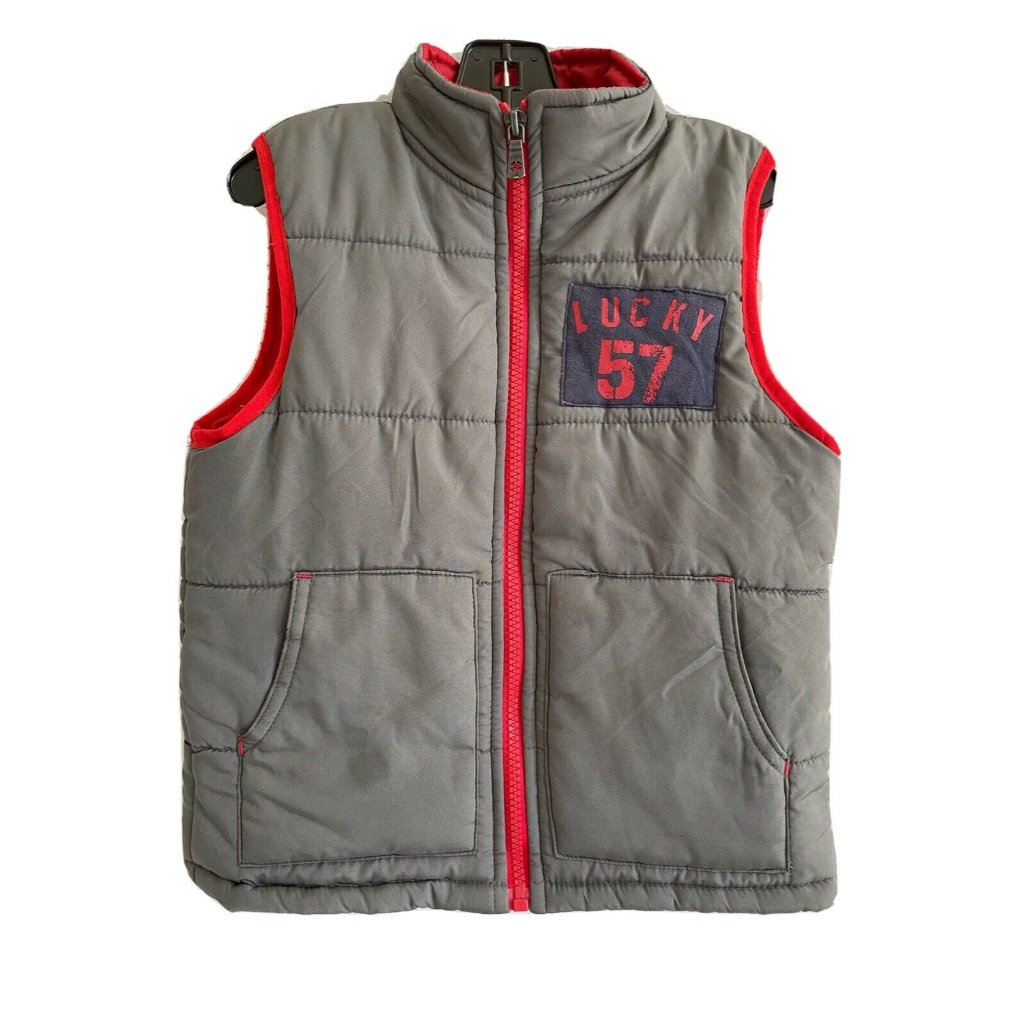 Lucky Brand 57 Kids Boys Vest Jacket Sleeveless Zip Gray Red 100Polyester 4t